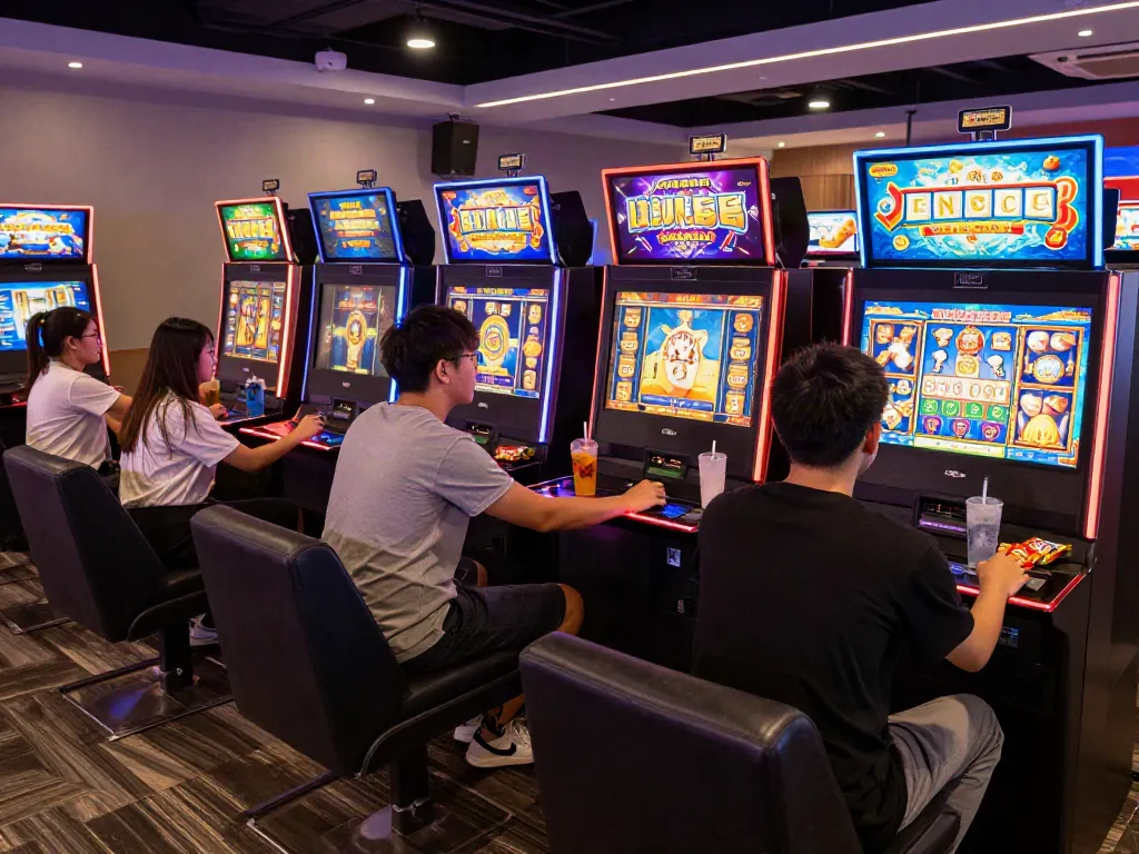 Gaming enthusiasts enjoying a vibrant Bro138 link experience at a modern slot machine hub.