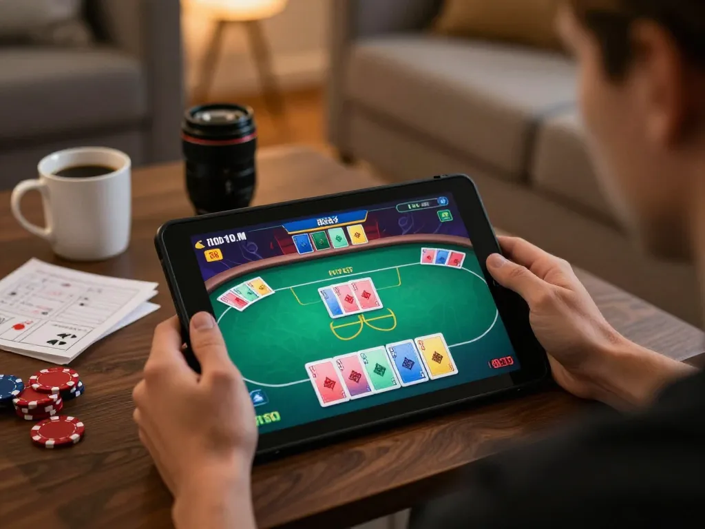 Player enjoying sc88 online casino on tablet in cozy living room, showcasing cards and strategy.
