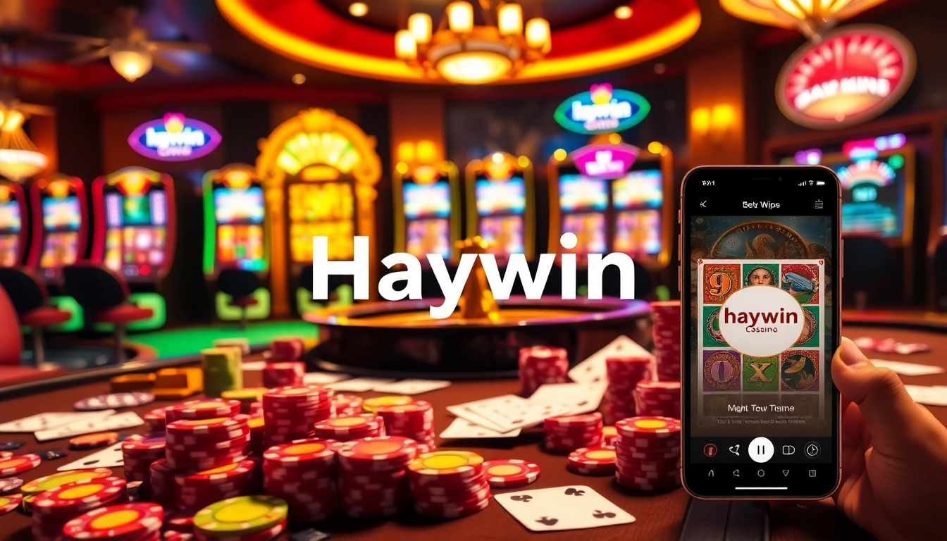 Experience the thrill at Haywin casino with players enjoying poker and vibrant slot machines.