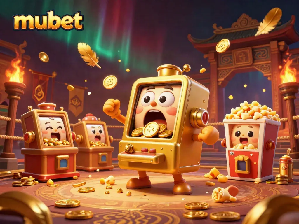 Experience the excitement of mubet as the golden slot machine hits the jackpot, surrounded by cheering machines.
