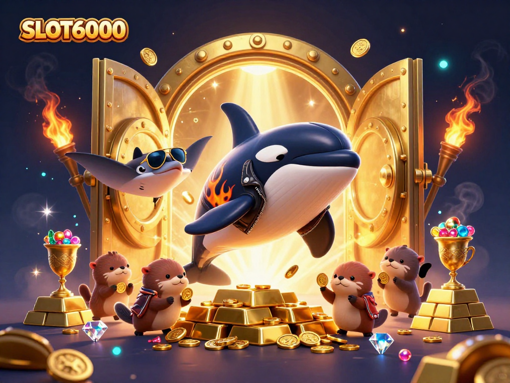 SLOT6000 showcases a vibrant 3D casino scene featuring an orca, stingray, and otters with gold treasures.