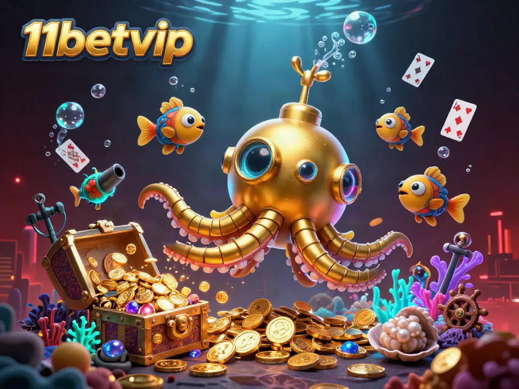 Engage with big wins at 11betvip's vibrant underwater casino adventure featuring a kraken submarine amidst treasures.