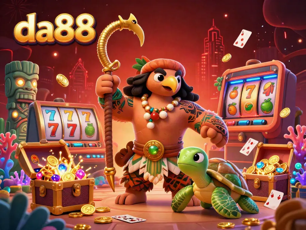 Experience vibrant gaming action at da88 with tribal characters, jackpot reels, and treasure.