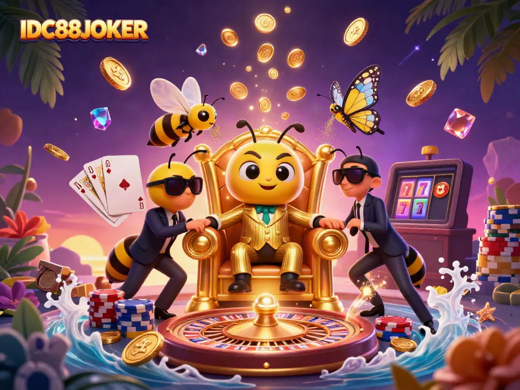 Experience thrilling casino action with IDC88JOKER in a 3D illustration of a mob boss and games.