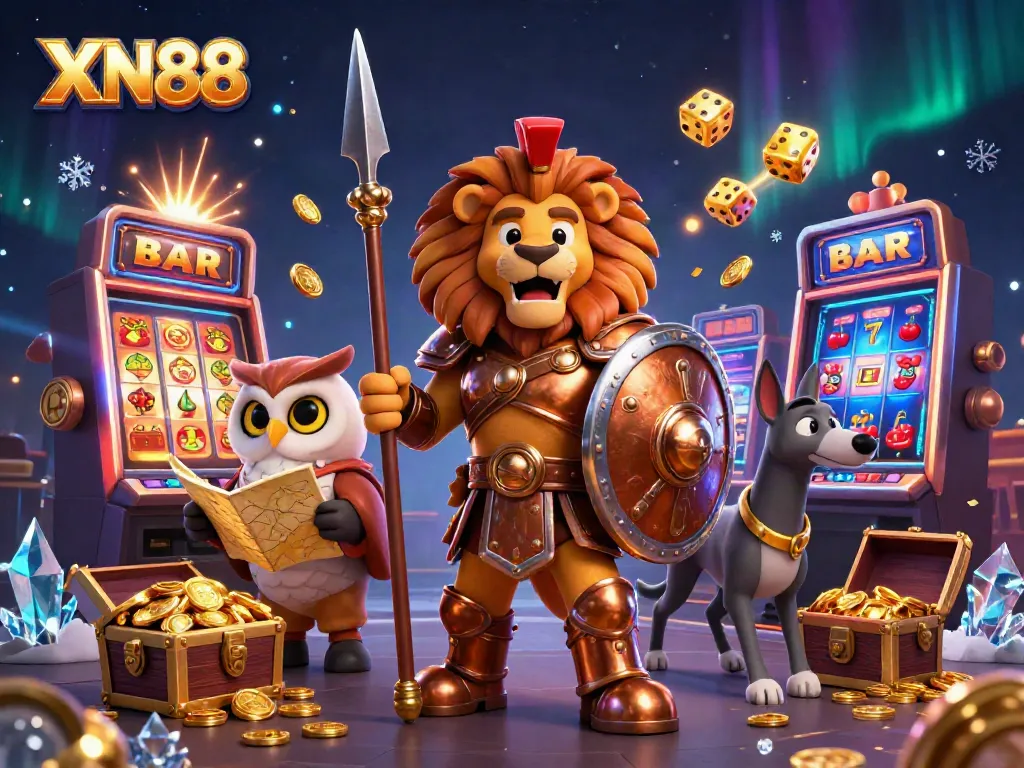 XNUMX gaming experience unfolding at XN88 with colorful slot machines and vibrant characters.