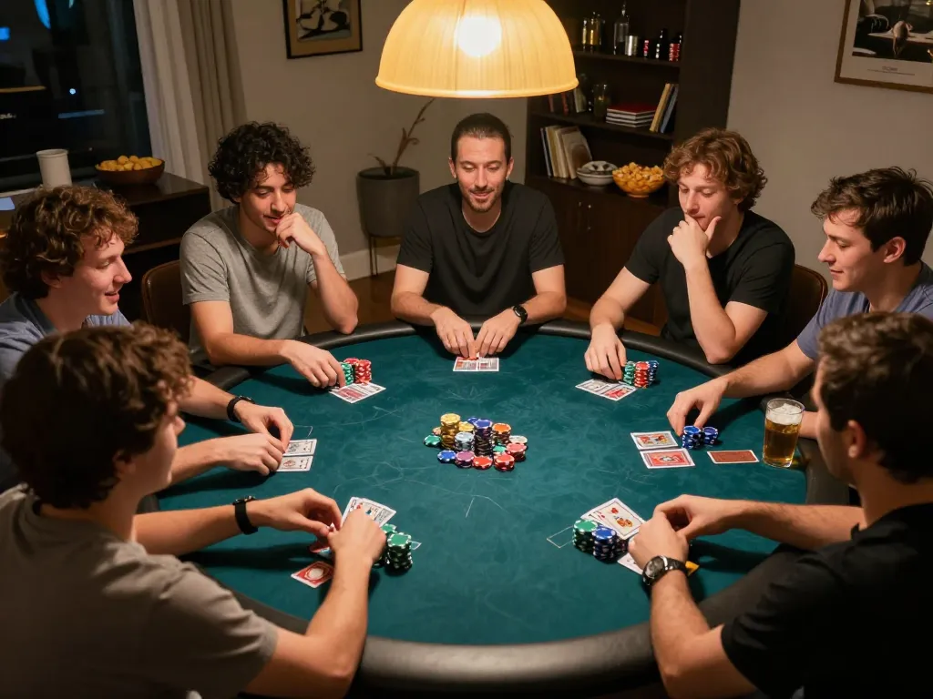 Friends enjoying an LC88 poker night, strategizing over cards with colorful chips and snacks.