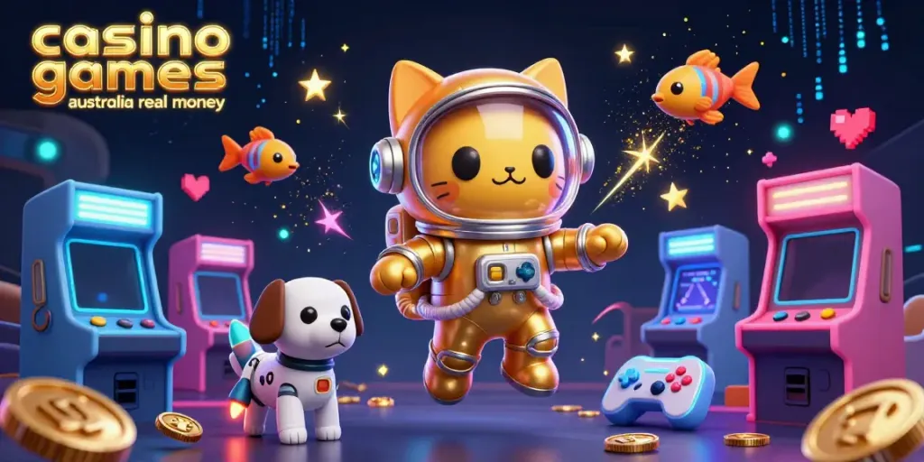 Experience the thrill of casino games australia real money with a 3D space cat and robot dog amidst vibrant gaming elements.
