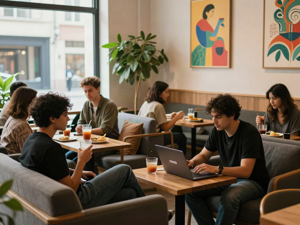 Friends socializing in a cozy café, discussing rokok88 ideas.