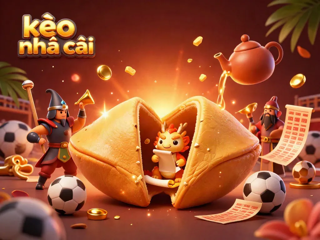 Experience kèo nhà cái action with vibrant 3D illustration of fortune cookie and sports-themed elements.
