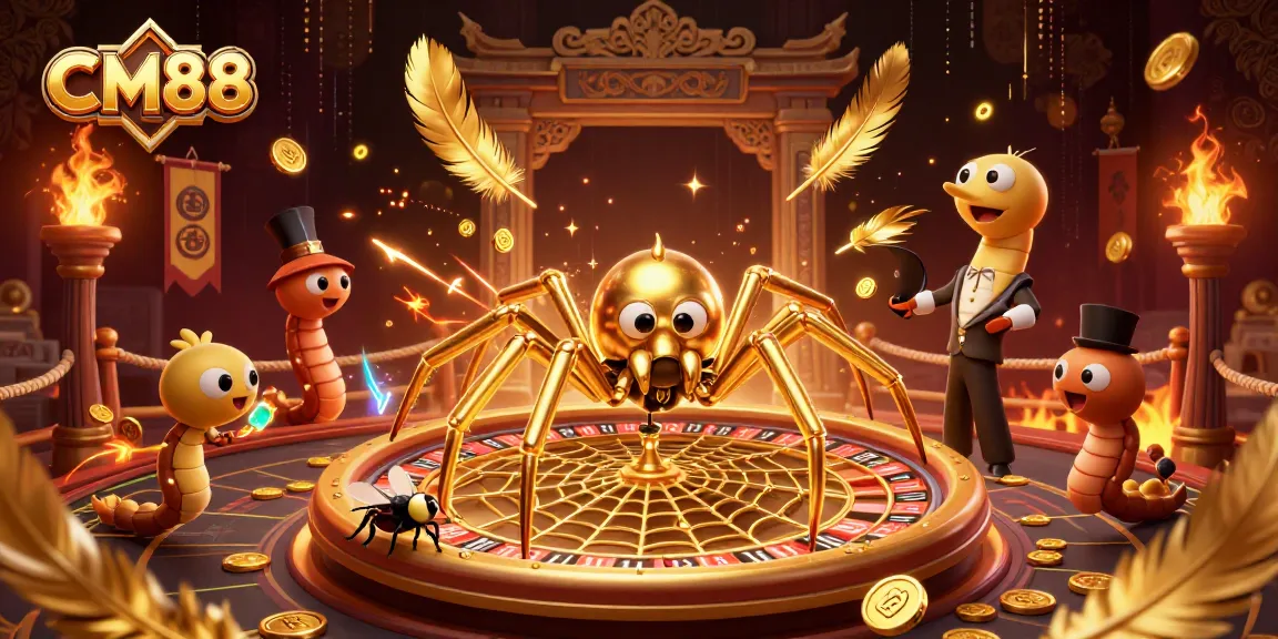 Experience the thrill at CM88 with a golden spider spinning a roulette web in a lively casino scene.