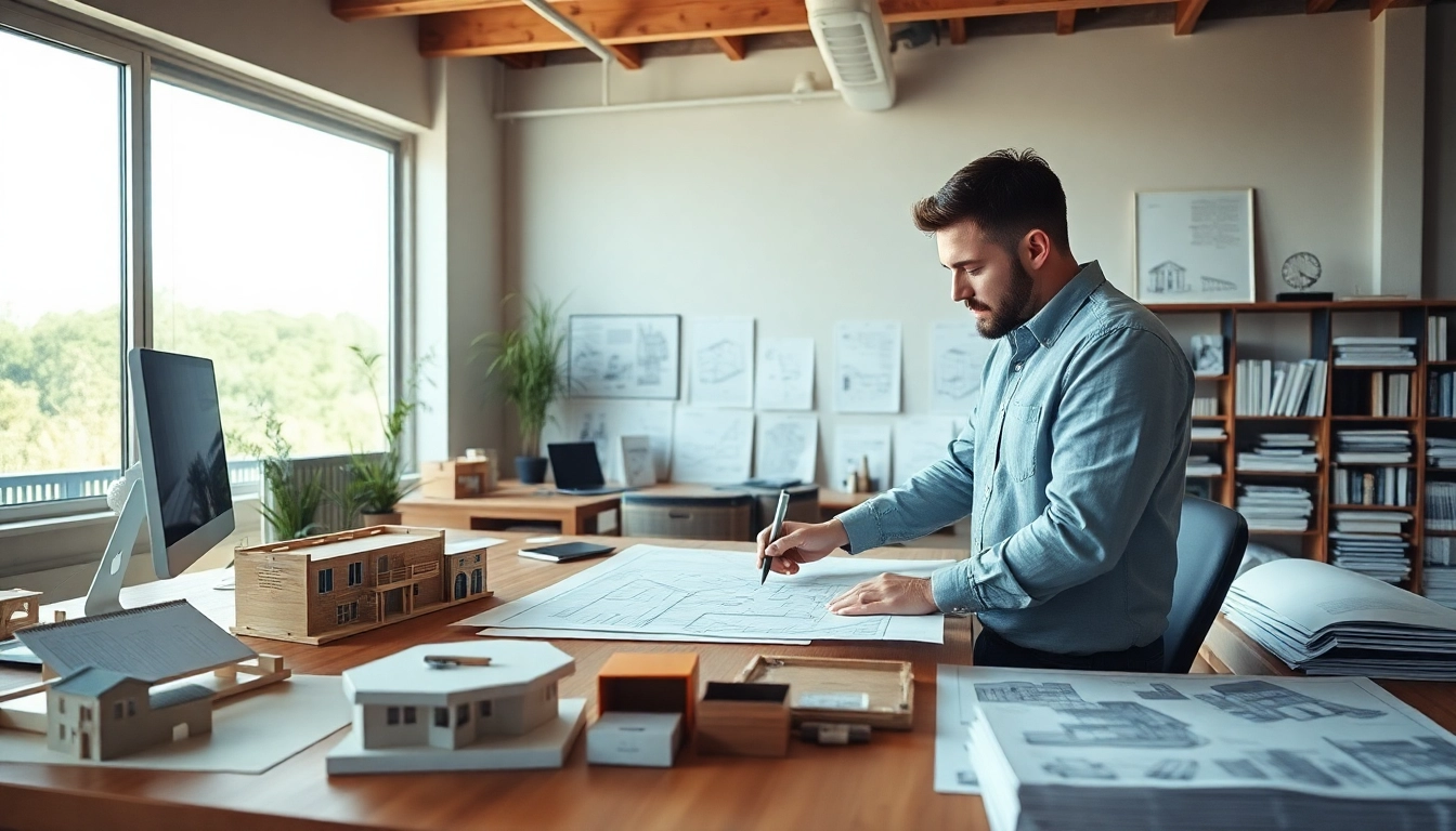 Showcasing custom residential architecture services in a bright workspace with an architect and blueprints.