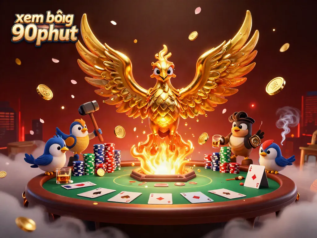 Engaging xem bóng 90phut scene depicting a molten golden phoenix among vibrant poker elements, highlighting immersive gambling experience.