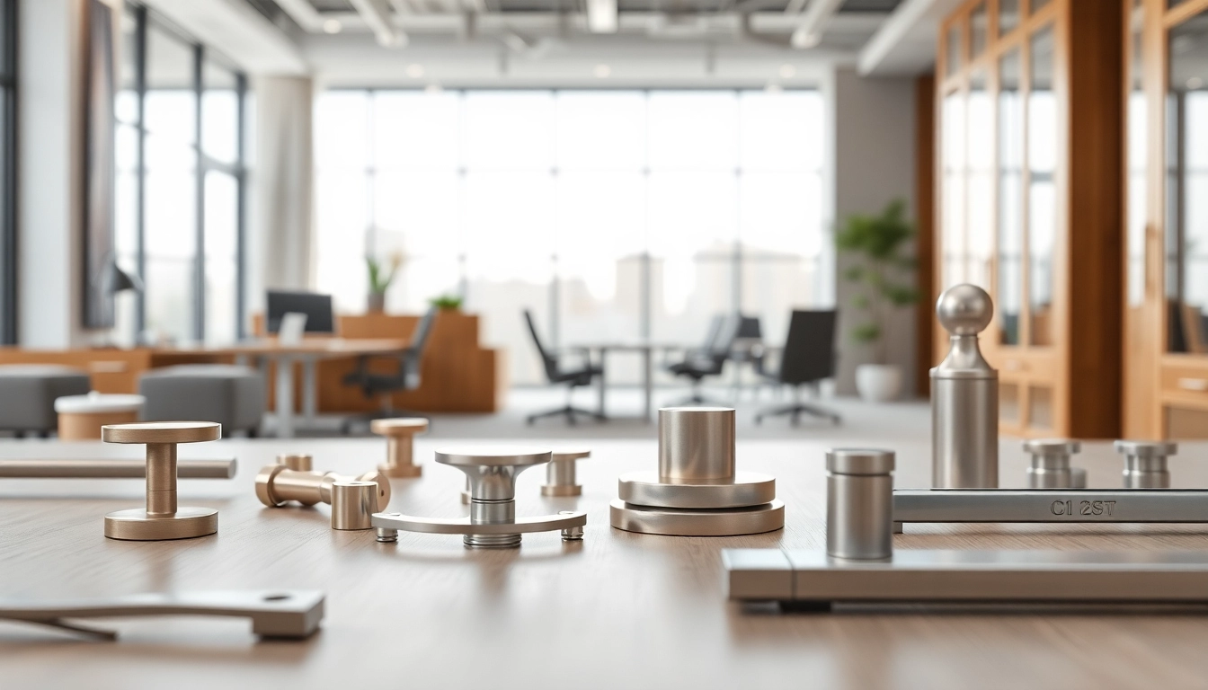 Showcase of high-quality furniture hardware manufacturers' products in a modern office setting.