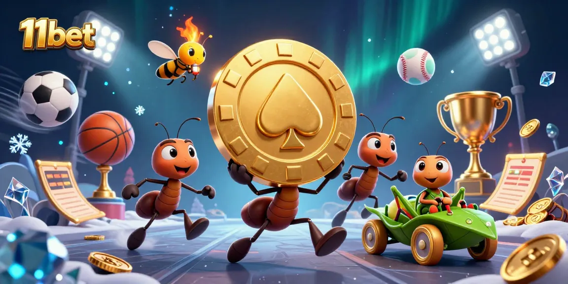 Ants in a heist with a golden poker chip for 11bet amidst dynamic sports elements.