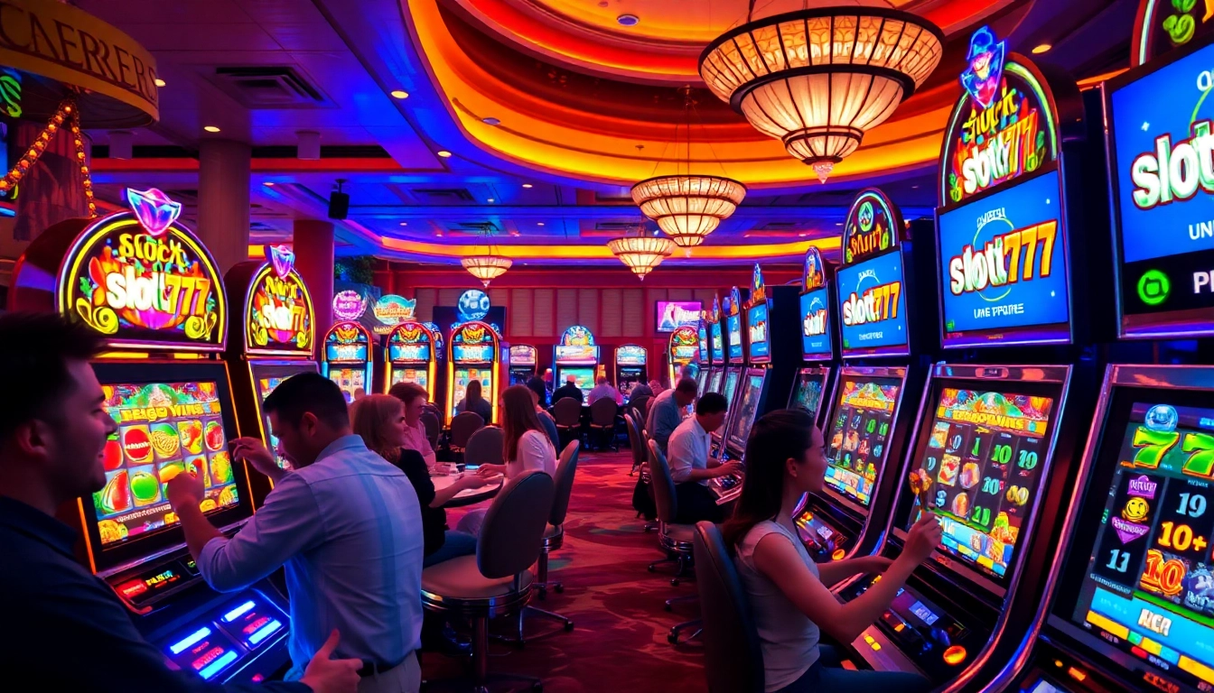 Excited players enjoying "slot777" with vibrant slot machines in a luxurious casino setting.