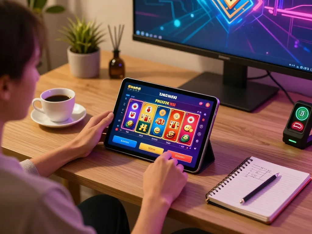 Engaged user exploring SUNWIN LINK MỚI online gaming options on a tablet in a cozy setup
