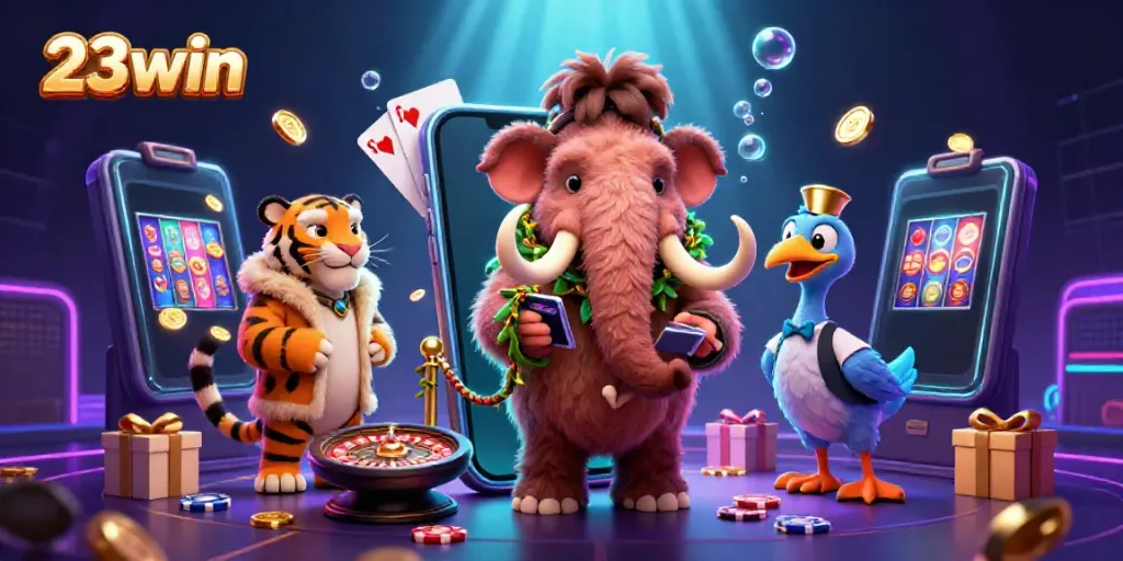 Experience the vibrant world of 23win casino with this playful 3D illustration featuring a woolly mammoth bouncer.