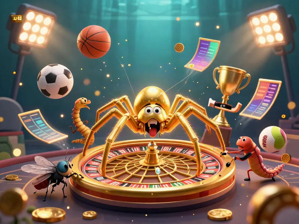 Experience thrilling action with uy88 as a golden spider spins a roulette wheel web, showcasing vibrant sports elements.