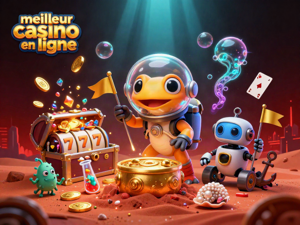 Découvrez le meilleur casino en ligne avec une illustration dynamique d'un gecko martien entouré de jeux et trésors.