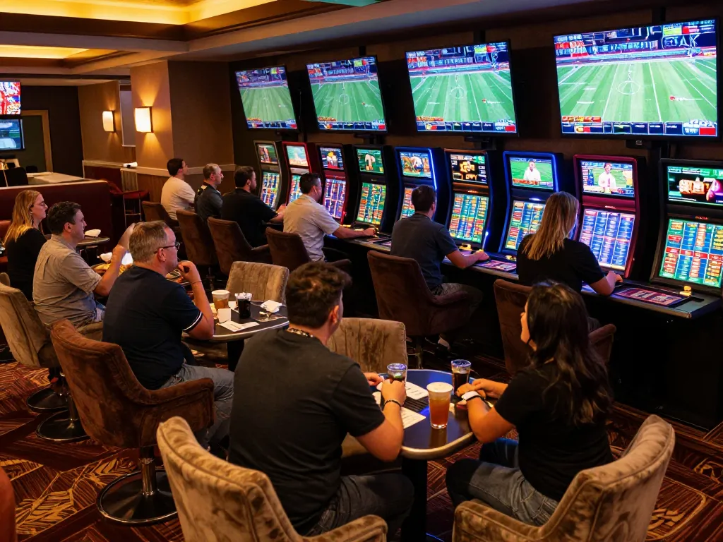 Excited bettors analyzing odds and placing bets at the keonhacai8 sports betting area.