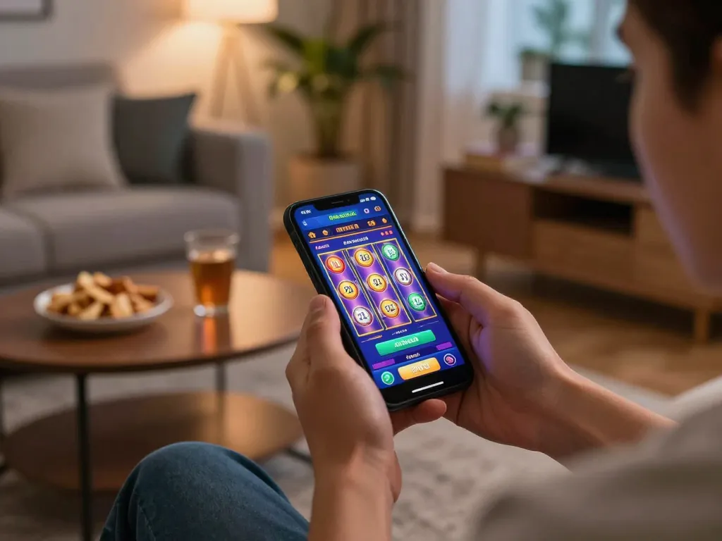 Player using cm88 mobile app to spin reels in an exciting online slot game while relaxing at home