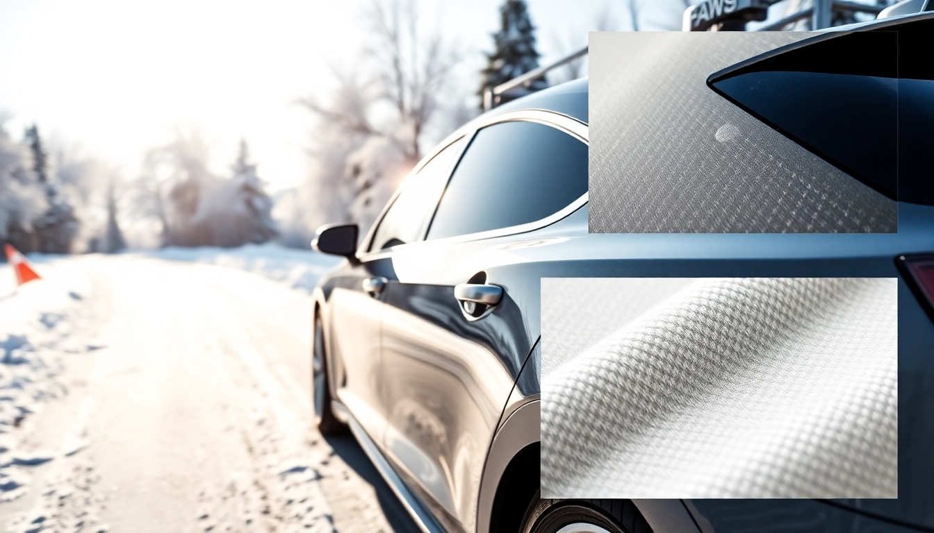 Showcasing PPF winter road salt protection on a vehicle parked in snowy environment.