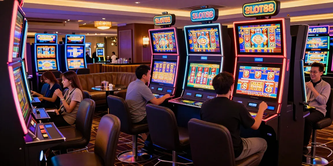Players enjoying the vibrant atmosphere of slot88 resmi casino, featuring colorful machines and lively engagement.