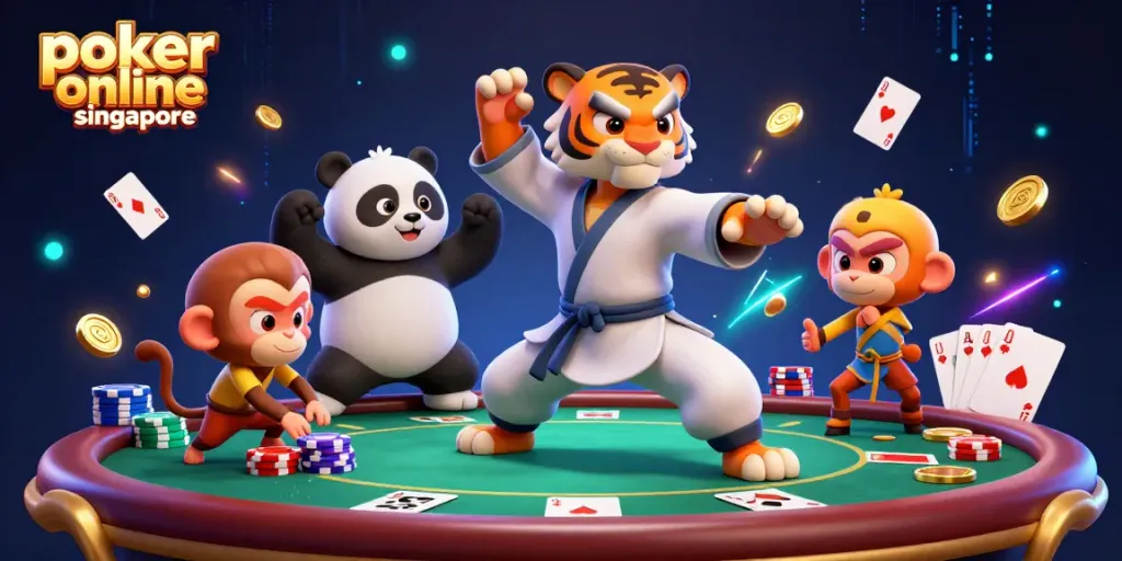 Engage in poker online Singapore with a fun, dynamic scene featuring playful characters and interactive game elements.
