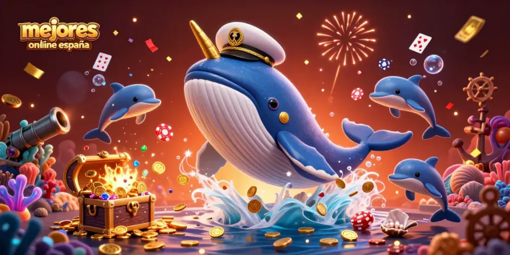 Disfruta de los mejores casinos online España con una escena animada de una ballena y delfines jugando.