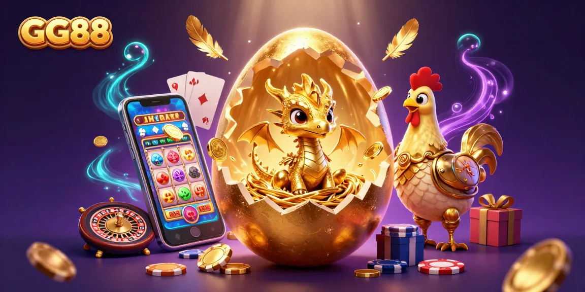 Engage with GG88’s vibrant gaming experience featuring a golden dragon amidst poker chips and slots.
