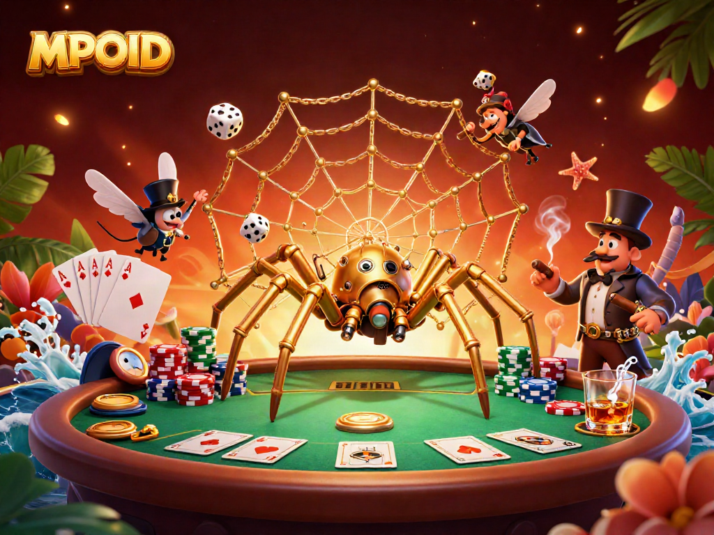 Play with MPOID's immersive casino scene featuring a golden spider and poker elements.