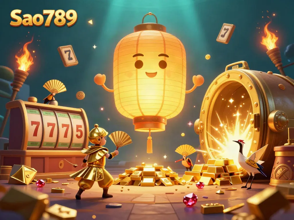 Experience dynamic gameplay with Sao789's vibrant casino scene featuring golden lantern spirit, slot reels, and treasure.