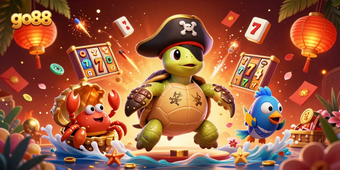 Engage with go88’s vibrant gaming world, featuring a pirate turtle, treasure, and casino themes.