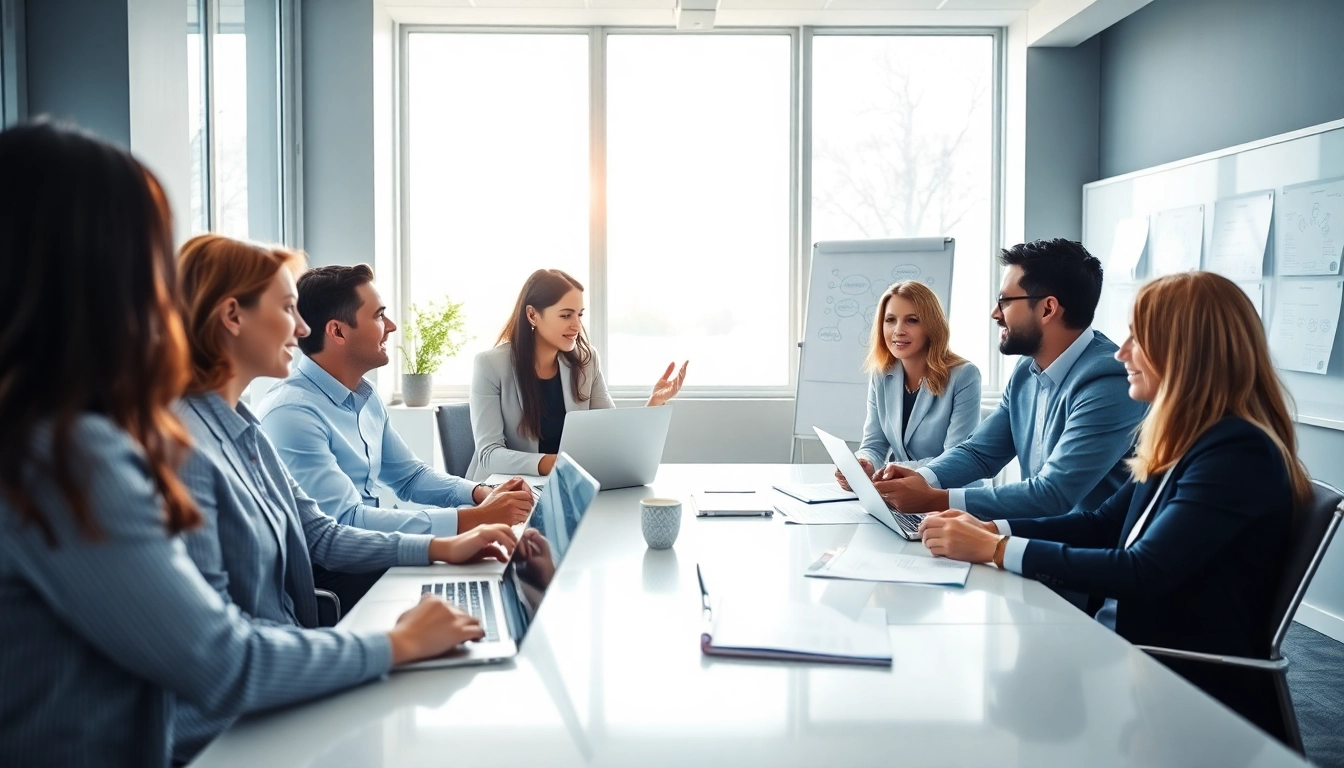 Certification help providers collaborating with clients in a modern office setting, showcasing professionalism.
