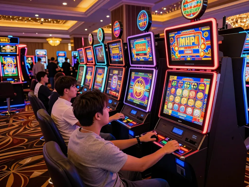 Players spinning SLOT machines in a lively casino, vibrant atmosphere full of excitement
