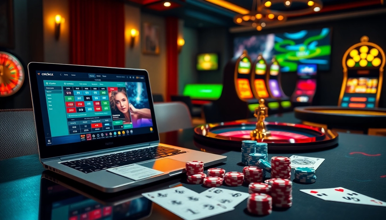 Experience the thrill of crickex with vibrant betting elements including slips, chips, and a roulette wheel.