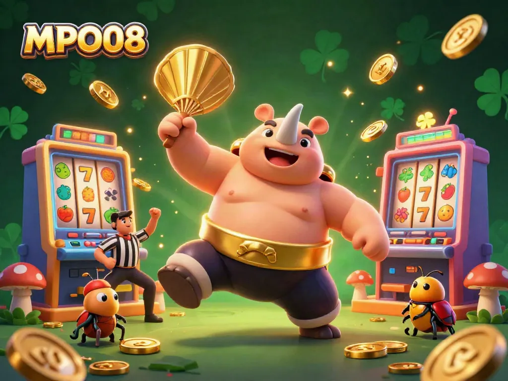 Experience the excitement of MPO08 as a rhinoceros beetle sumo champion dominates a vibrant casino scene.