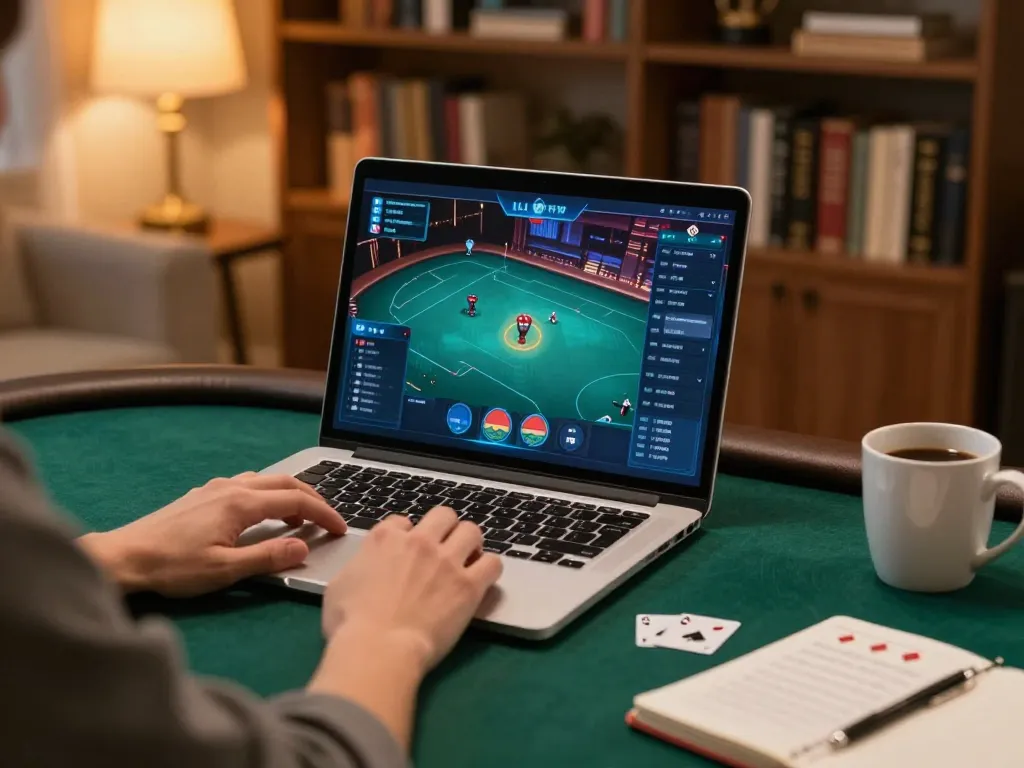 F8bet poker player enjoying a comfortable online gaming session at home with strategies