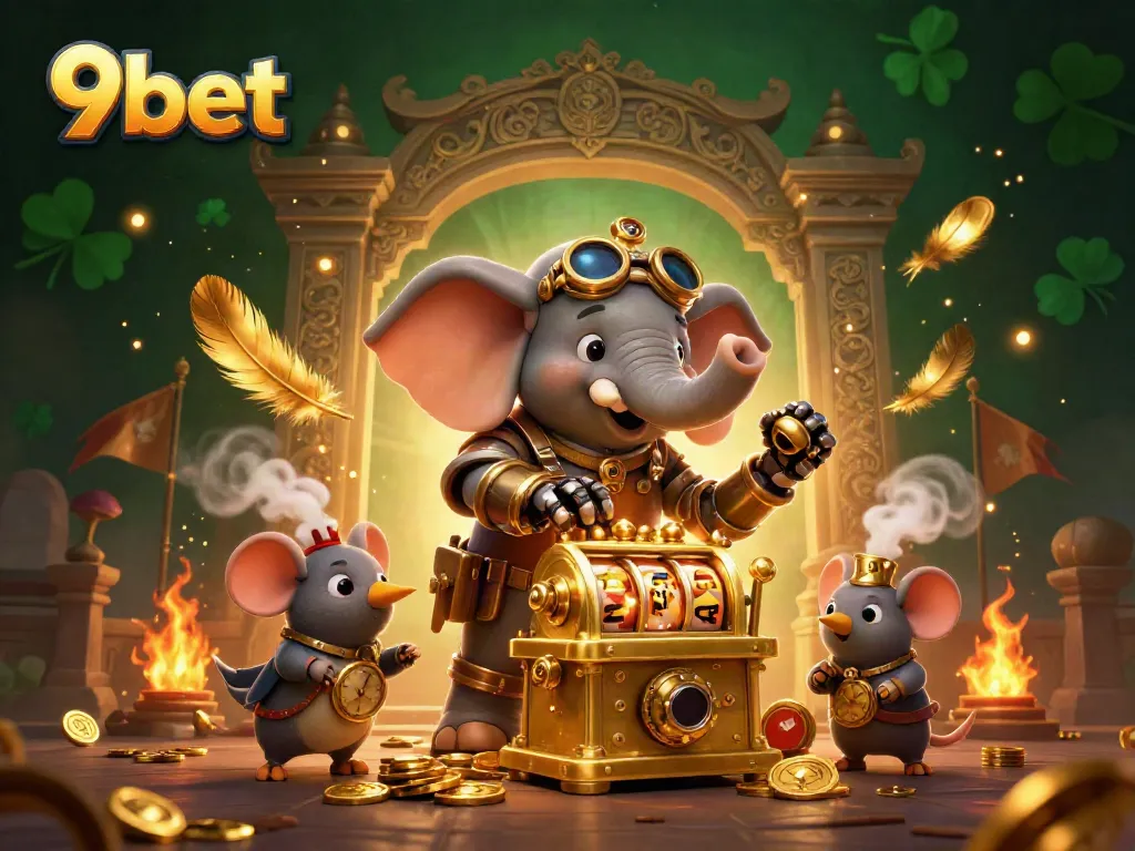 Experience thrilling gameplay at 9bet with a steampunk elephant engineer operating a golden slot machine amidst a vibrant casino scene.