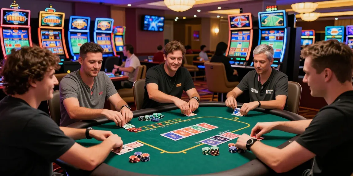 Engaging KO66 casino scene with players winning at poker table and vibrant slot machines.