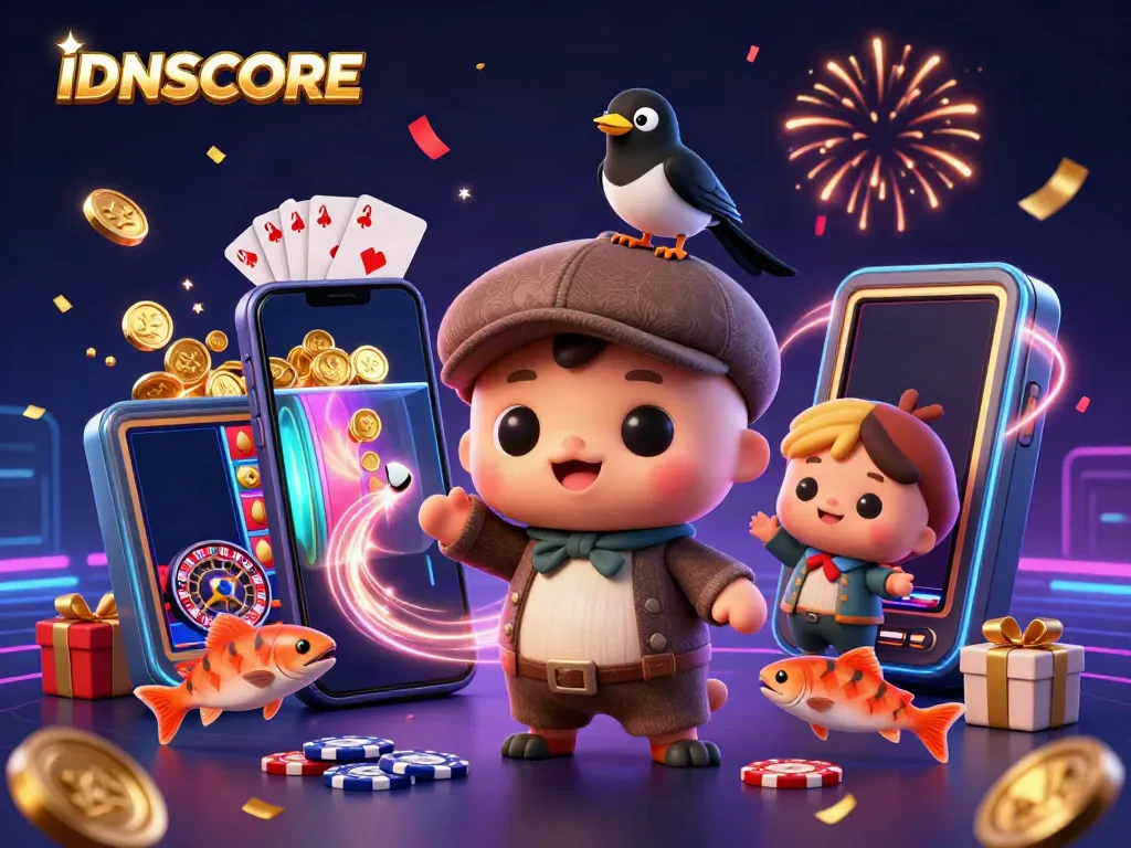 Experience thrilling gaming with IDNSCORE, featuring colorful slots and playful characters.