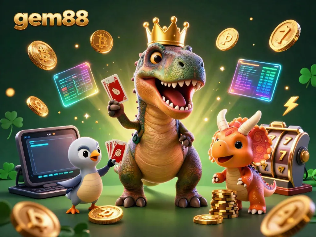 Experience excitement with gem88 as a dinosaur shuffles cards in a dazzling casino atmosphere.