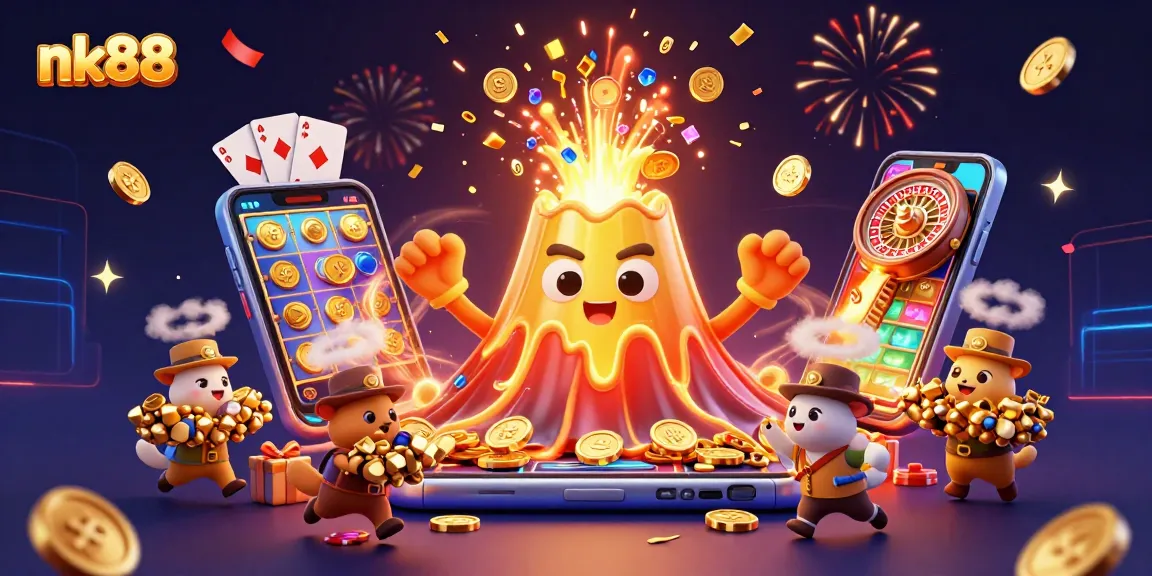 Experience winnings with nk88 as golden treasures erupt from a triumphant volcano in a casino adventure.