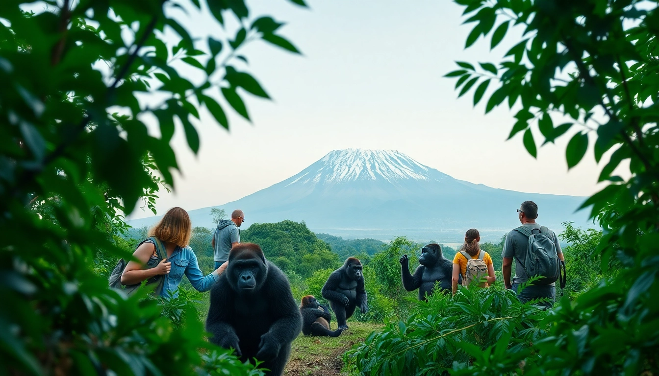 Group on a gorilla trekking and Tanzania safari observing gorillas amid lush greenery.