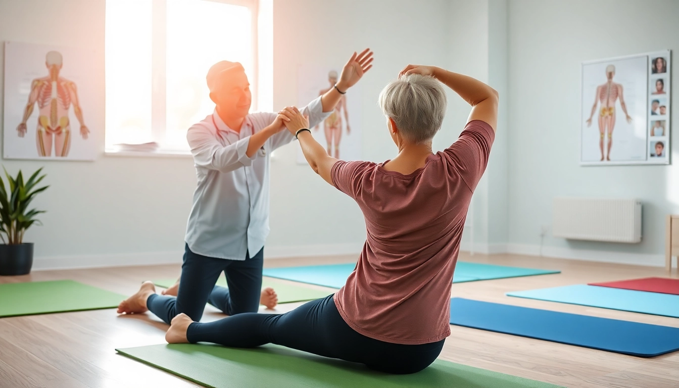 Learn effective stretches for back pain relief with a physiotherapist's guidance in a bright clinic.
