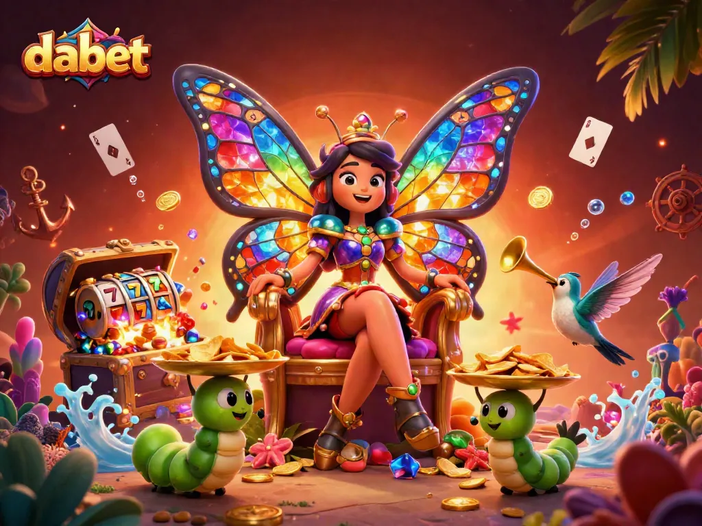 Engaging depiction of dabet showcasing a vibrant casino scene with a butterfly queen and game elements.