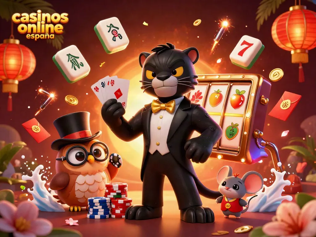 Juega en casinos online España con una escena vibrante de una pantera elegante y un búho simpático.