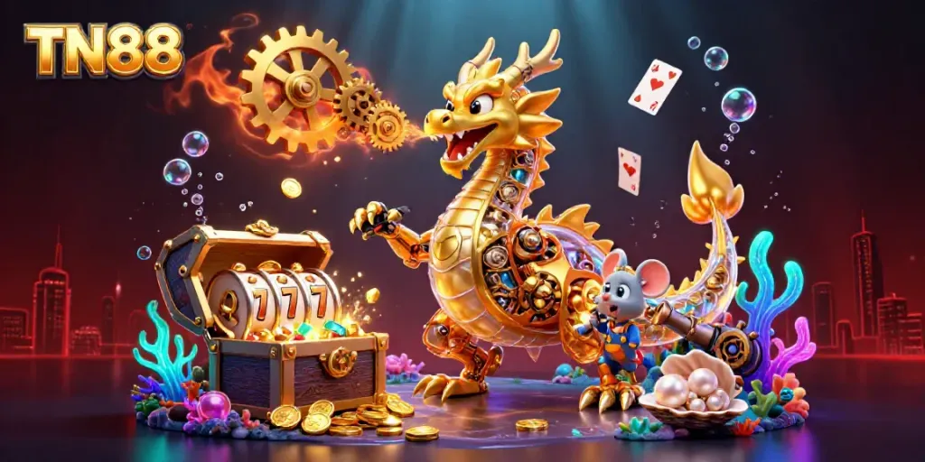 Experience electrifying wins at TN88 with a golden dragon and animated casino elements.