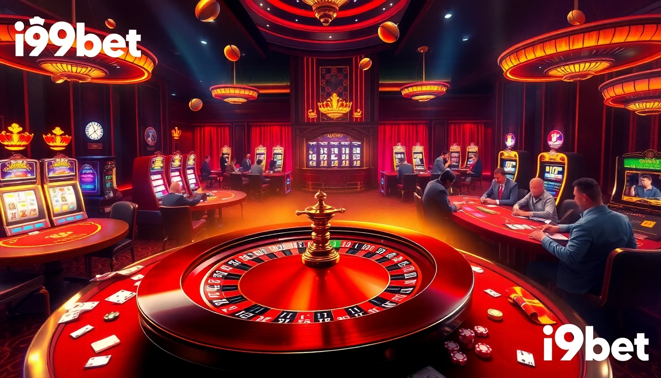 Experience thrilling games at i9bet's luxurious casino, featuring roulette, poker, and vibrant slot machines.