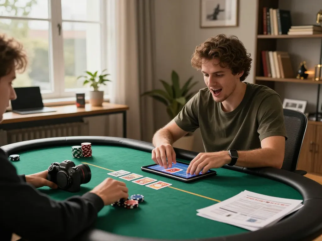 Engaging in strategic online poker gameplay with vipwin79, showcasing a modern home gaming setup.